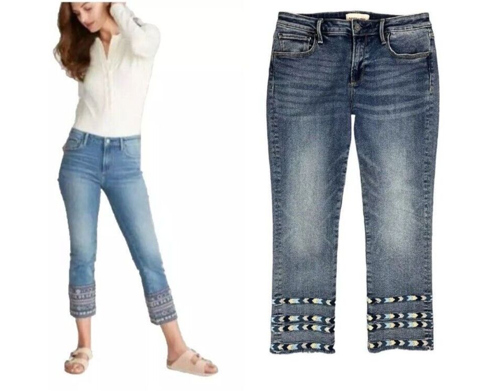 Driftwood Women's Colette Mid-Rise Cropped Jeans with Embroidered Hem Size 28